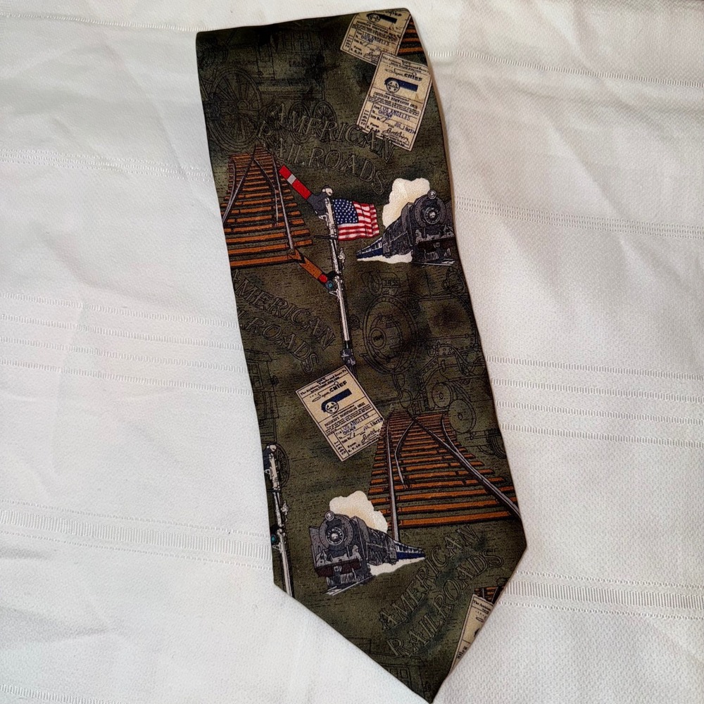 Americana For‎ Dillards Silk Tie American Railroads Train Motif Necktie novelty